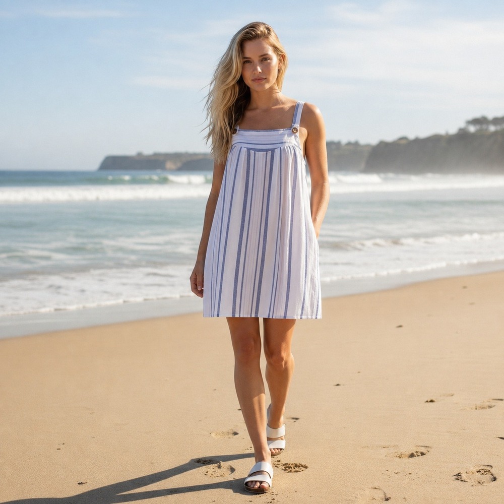 Love & Piece Pockets Dress M Striped Cotton Boho Coastal Square Neck Nautical